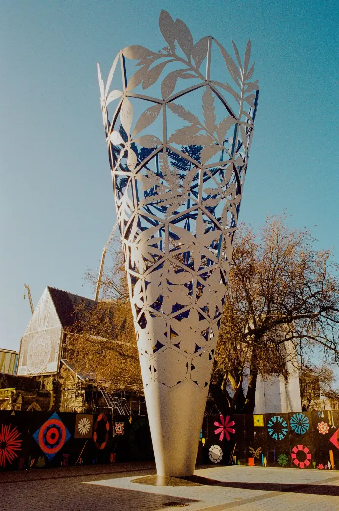 a large metal sculpture sitting in Christchurch